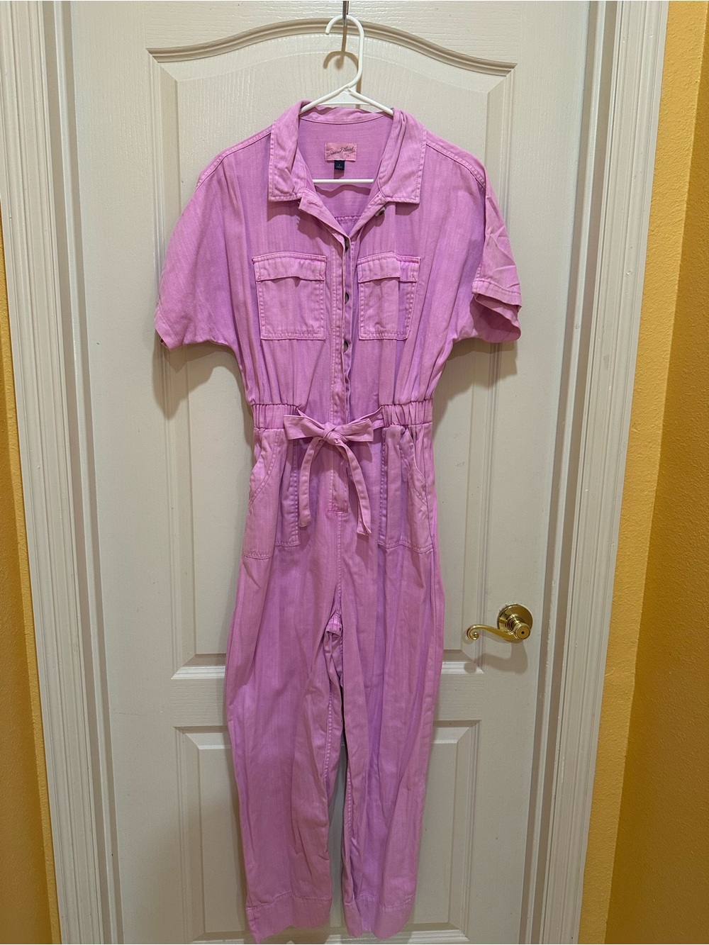 Vintage Pink Short-Sleeve Utility Jumpsuit with Tie Waist